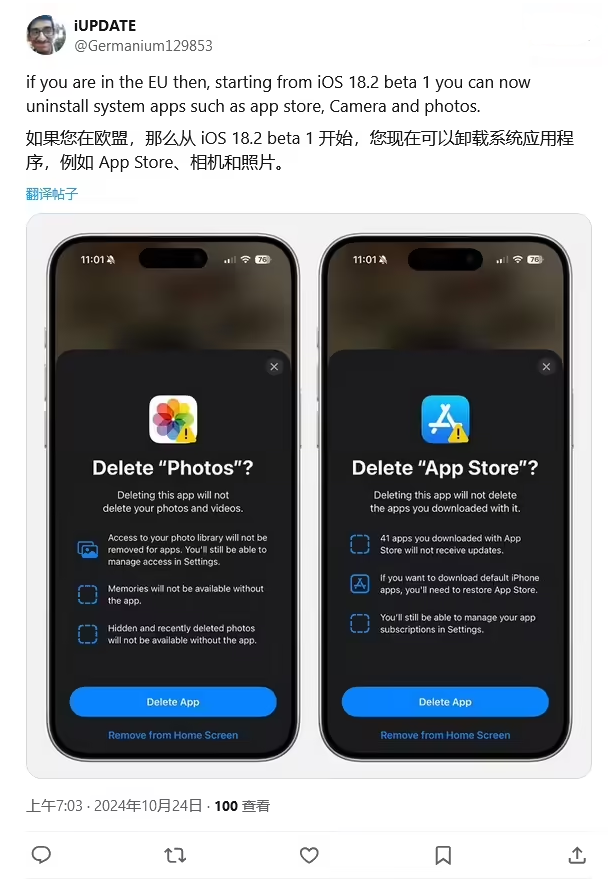 如东苹果手机维修分享iOS 18.2 支持删除 App Store 应用商店 