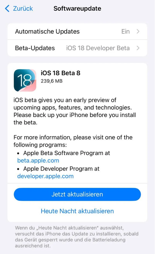 如东苹果手机维修分享苹果 iOS / iPadOS 18 开发者预览版 Beta 8 发布 